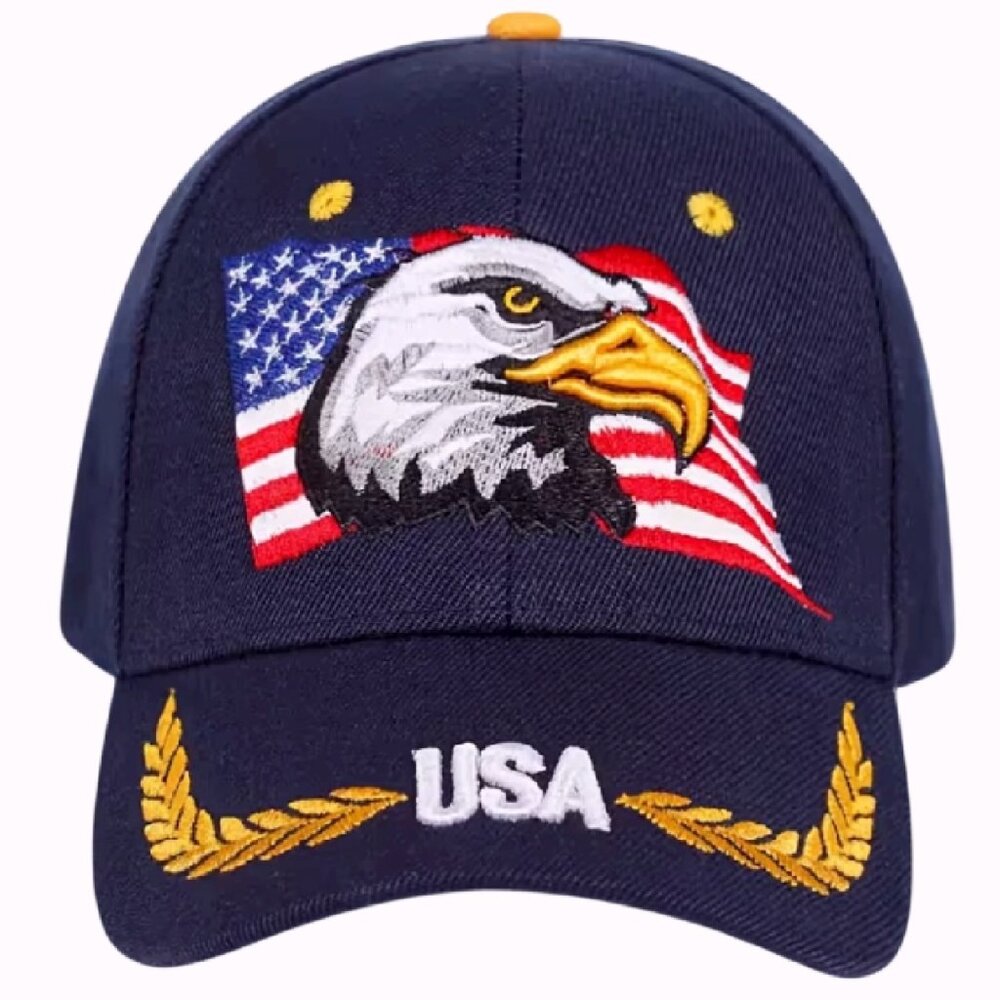 United States Eagle and Flag with Braid Embroidered Blue Cap Hat - NEW Fast Ship